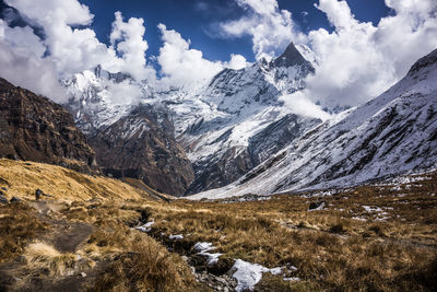 Scenic view of snowcapped mountains against sky