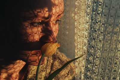 Thoughtful young woman kissing flower by curtains hanging on window