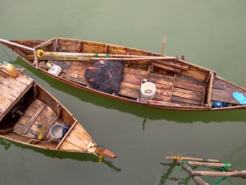 High angle view of boats moored in lake
