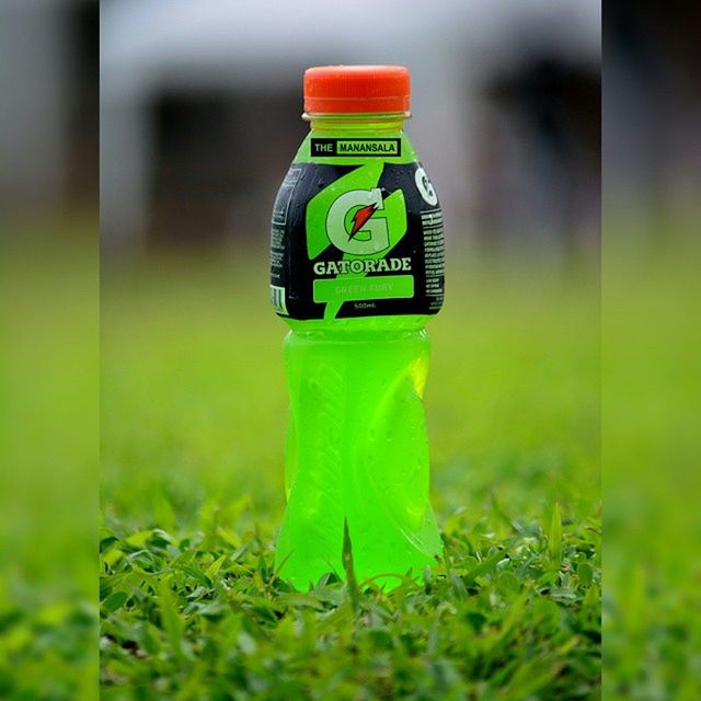 focus on foreground, green color, close-up, grass, text, selective focus, communication, field, western script, day, green, red, outdoors, no people, guidance, grassy, bottle, refreshment, direction, childhood