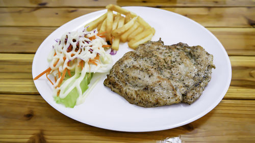 High angle view of breakfast served on table