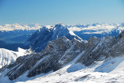 Scenic view of snowcapped mountains against clear sky