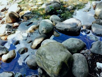 High angle view of stones in sea