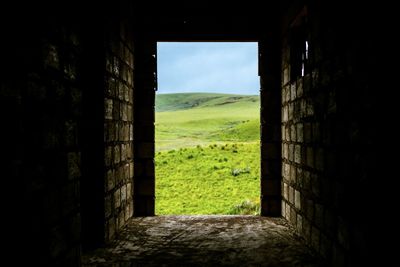 Scenic view of field against sky seen through window