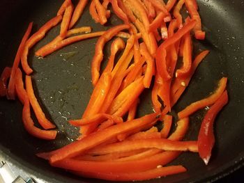 High angle view of chopped vegetables in cooking pan