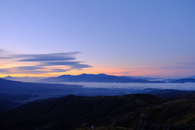 Scenic view of silhouette mountains against sky during sunset