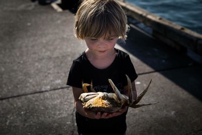 Child holding a crab