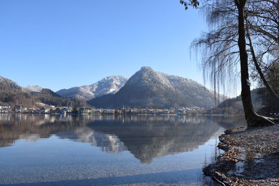 Scenic view of lake and mountains against clear blue sky