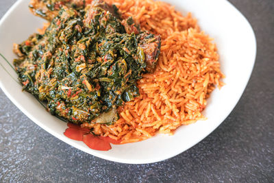 High angle view of food in plate on table