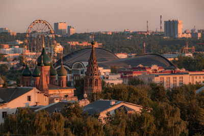 High angle view of buildings in city against sky