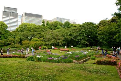 People in park by city against clear sky