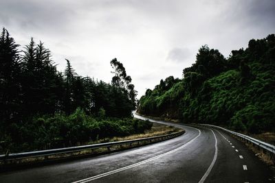 Empty road by trees against sky