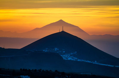 Scenic view of silhouette mountains against orange sky