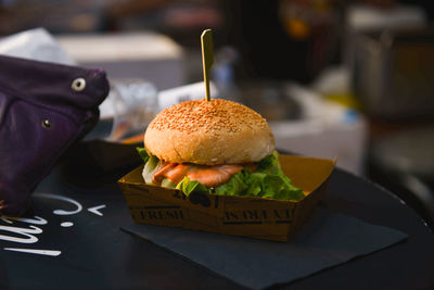 Close-up of burger on table