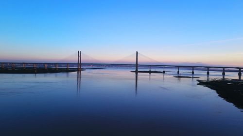 Scenic view of sea against clear blue sky