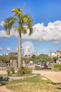 Sunset beach palm tree and mihama carnival park ferris wheel in the american village