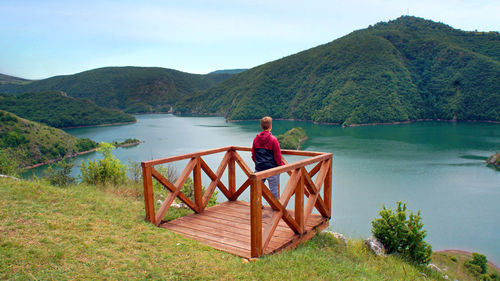 Rear view of boy standing at observation point against mountain