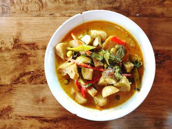 High angle view of salad in bowl on table