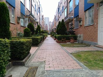 Walkway in city against sky