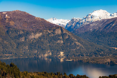 Scenic view of lake by snowcapped mountains against sky