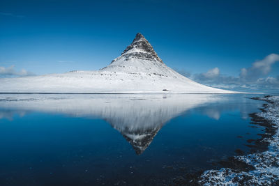 Scenic view of lake by snowcapped mountain against blue sky