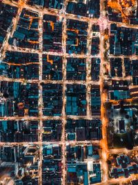 High angle view of buildings at night