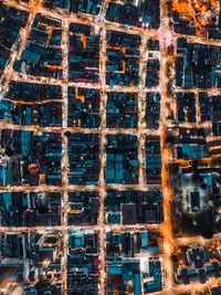 High angle view of buildings at night