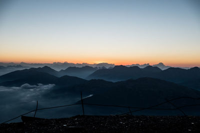 Scenic view of silhouette mountains against sky at sunset