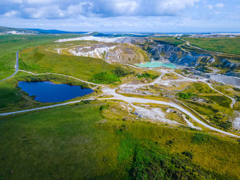 High angle  aerial view of landscape against sky, including lakes