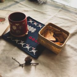 High angle view of coffee on table