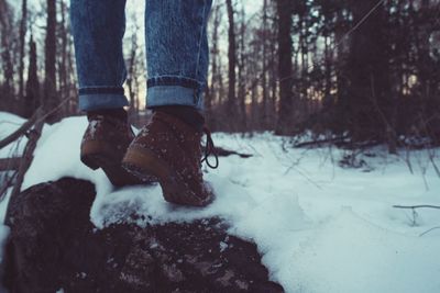 Low section of person on snow covered rock in forest