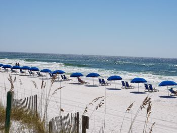 Scenic view of beach against clear blue sky