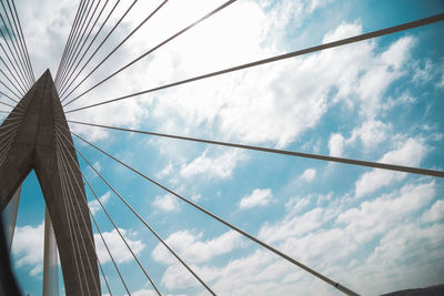 Low angle view of suspension bridge against sky