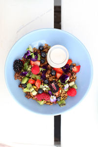 High angle view of breakfast served on table