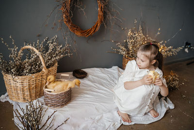 Girl with little goslings gray background willow eco style