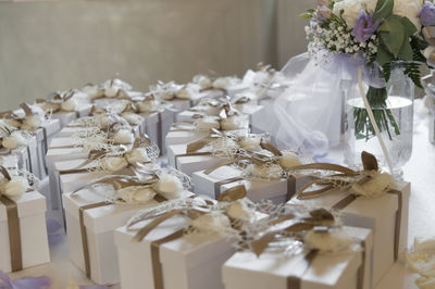 Close-up of gift boxes on table