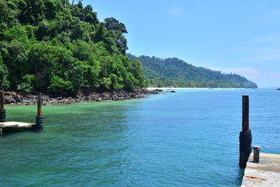 Scenic view of sea against clear blue sky