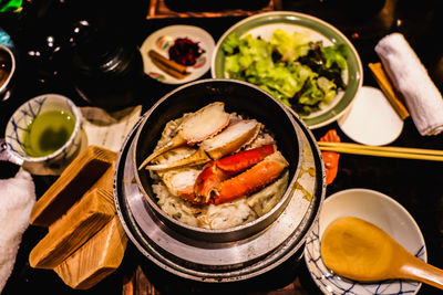 High angle view of meal served on table