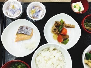 High angle view of food served on table