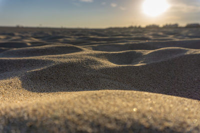 Surface level of sand on beach against sky