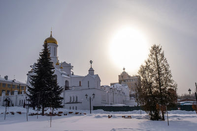 Trees and buildings against sky during winter