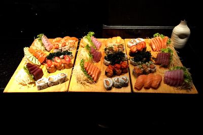 High angle view of sushi served on table