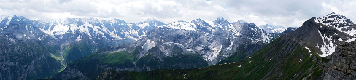 Panoramic view of snowcapped mountains against sky