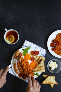 High angle view of breakfast served on table