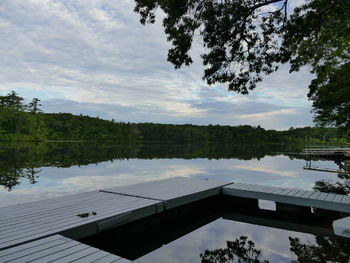 Reflection of trees in lake against sky