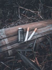 High angle view of cigarette on table