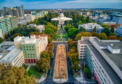 High angle view of buildings in city