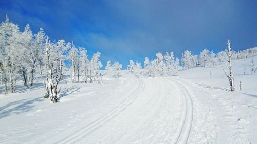 Snow covered landscape against sky