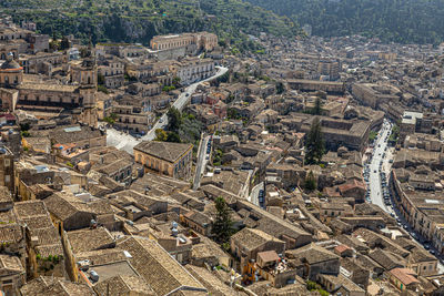 High angle view of buildings in city