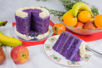 Close-up of cake and fruits on table during christmas